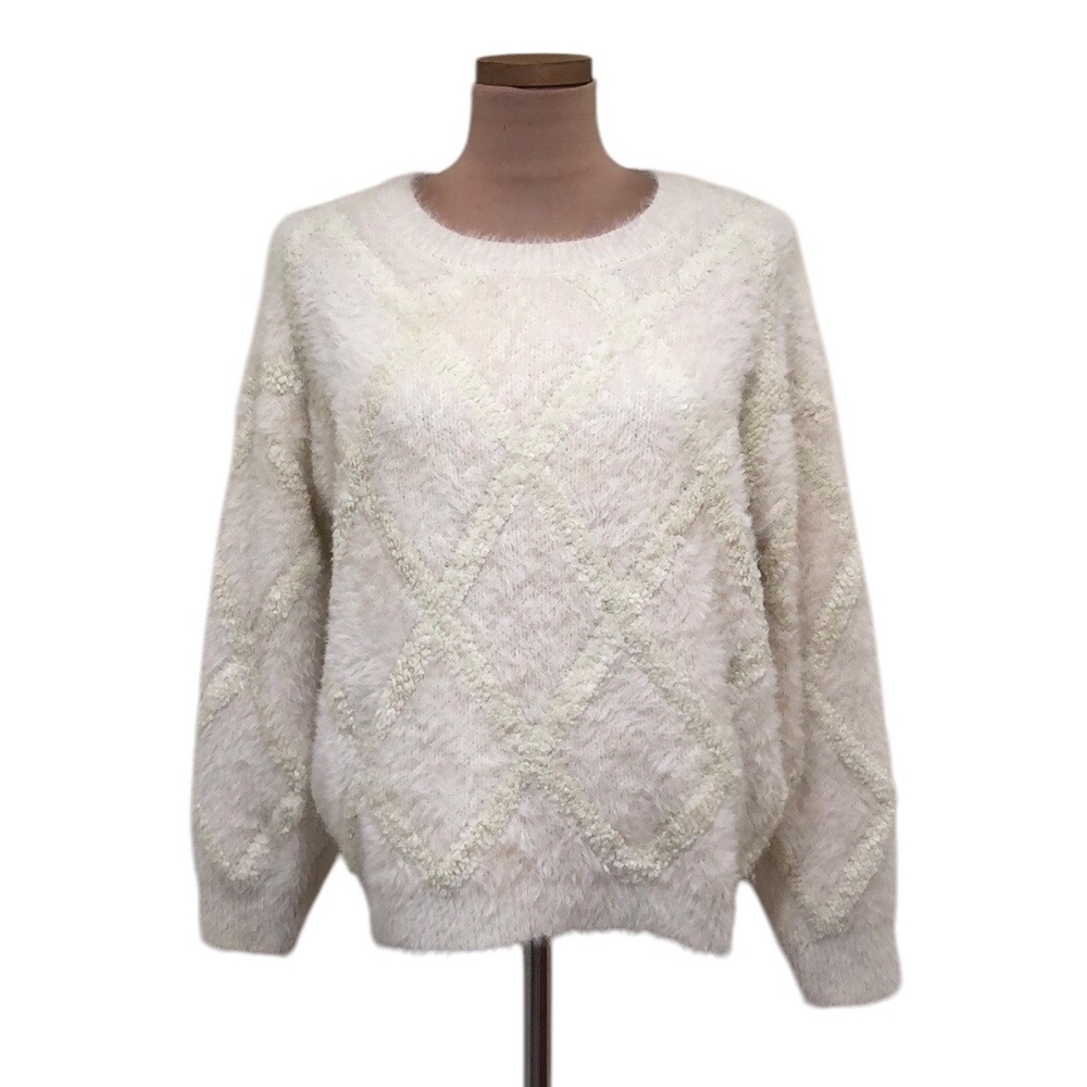 Anthropologie Raga Sweater Size Medium Ecru Cream Windowpane Fuzzy Knit